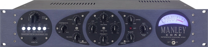 Front panel of an audio channel strip with knobs, buttons, a VU meter, and MANLEY CORE branding.