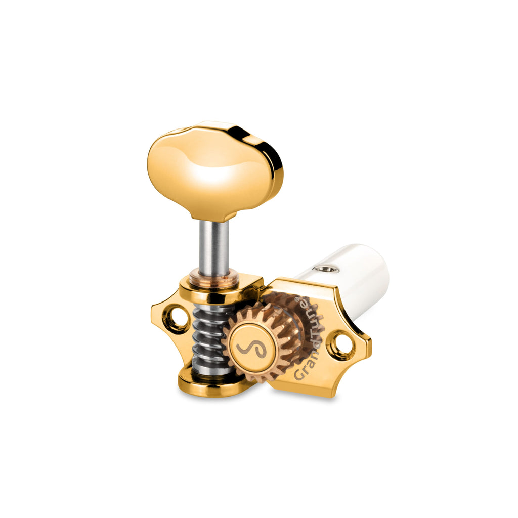 Gold and silver classical guitar machine head tuner with engraved text and gear visible