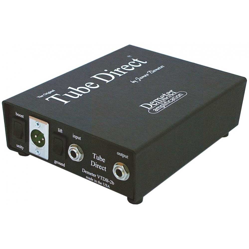 Black metal audio tube direct box with XLR, input/output jacks, and boost and lift switches.