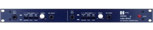 Blue stereo tube direct box with two sets of 1/4 inch input and output connectors and volume and ground lift controls.