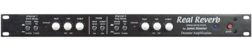 Black rackmount audio effects unit with knobs, switches, and 1/4 inch input and output jacks labeled Real Reverb.