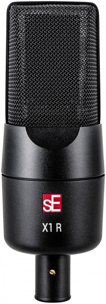Black studio microphone with metal mesh head and XLR connector labeled sE X1 R on front.