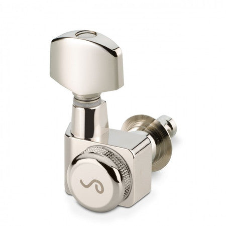 Close-up of a single silver locking tuner for string instruments with a metal knob and shaft.