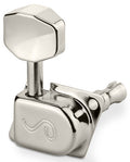 Single silver metal tuning machine head for string instrument with enclosed gear housing.