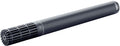 Black shotgun-style microphone with grille and XLR-type connector on the rear side.