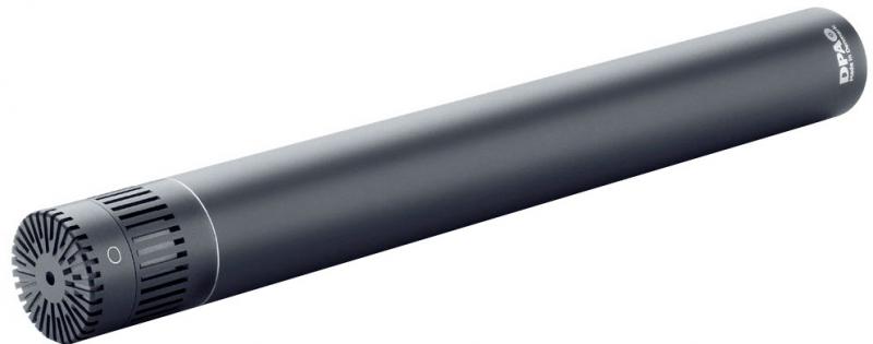 Black cylindrical microphone with ventilation slits on one end and DPA Microphones logo near the other end