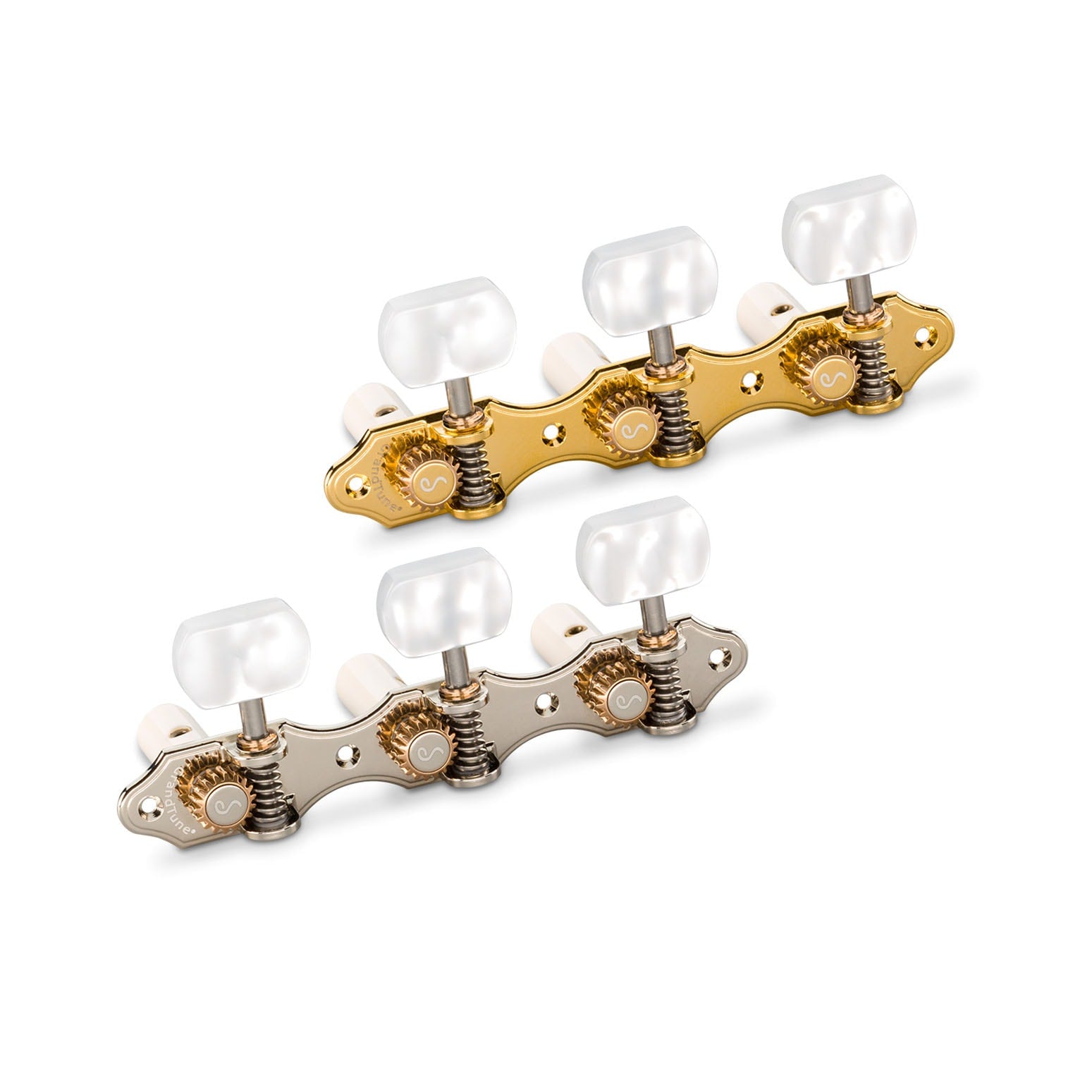 Two sets of three-string guitar machine heads with tuning pegs, one gold and one silver, on a white background.