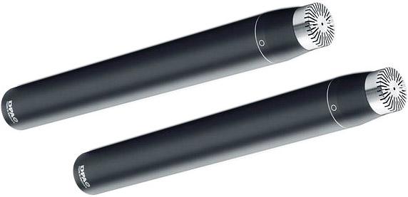 Two black cylindrical microphones with silver mesh caps and DPA logos are shown side by side.