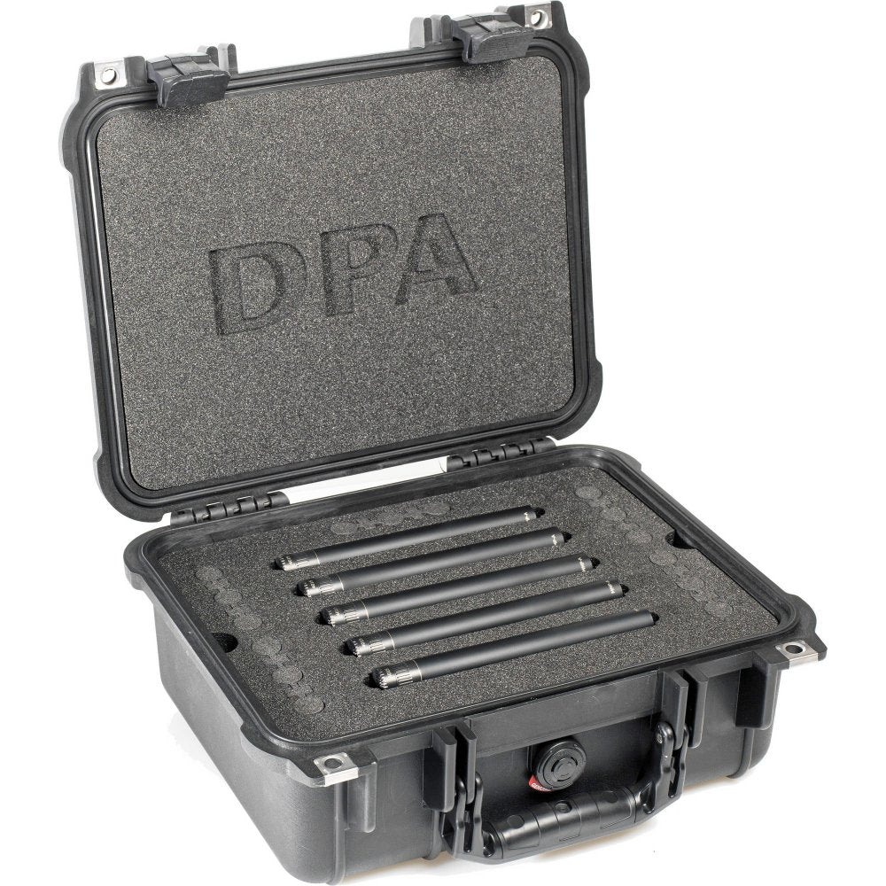Five black cylindrical microphones neatly arranged in a black foam-padded hard carrying case embossed with DPA.