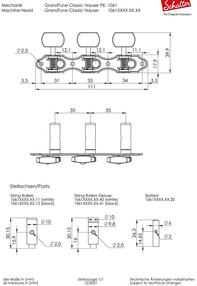 Schaller GrandTune Classic Hauser Machine Heads With Guide Bushings