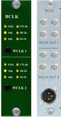 Front and rear panels of an electronic module with switches, indicator lights, and multiple connectors labeled BCLK and WCLK.
