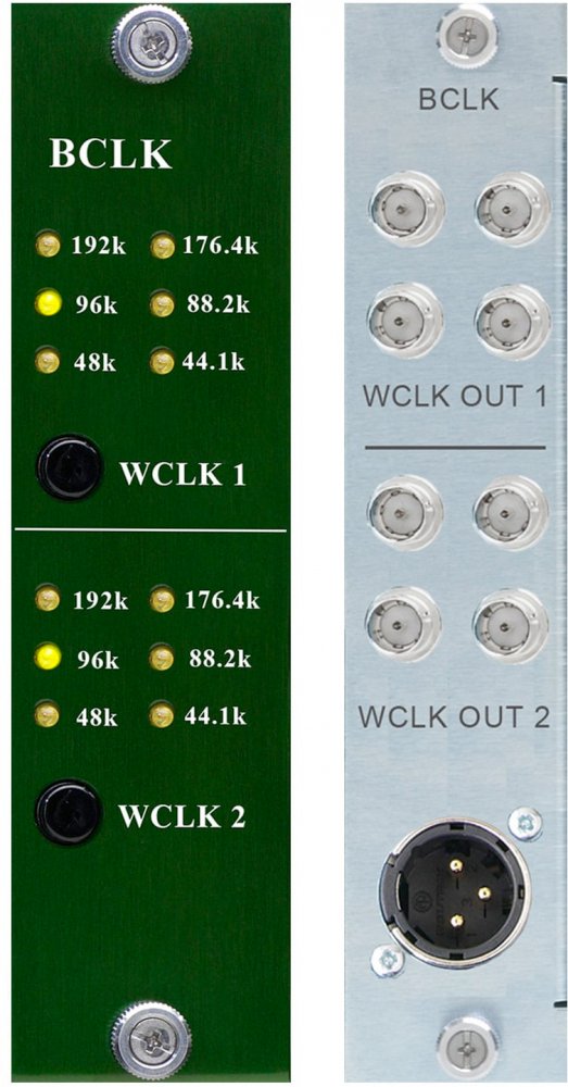 Front and rear panels of an electronic module with switches, indicator lights, and multiple connectors labeled BCLK and WCLK.
