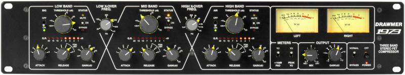 Front panel of a black audio compressor with multiple knobs, switches, and two analog meters labeled LEFT and RIGHT.