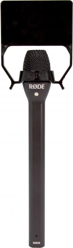 Black handheld microphone with rectangular black pop filter and visible RØDE logo on body and mount.