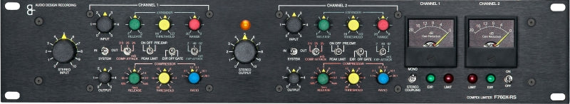 Front panel of black audio processing unit with knobs, buttons, and two analog meters for two channels.
