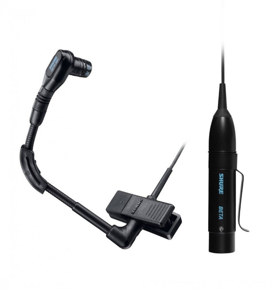 Black gooseneck microphone with clip and cable featuring Shure Beta branding.