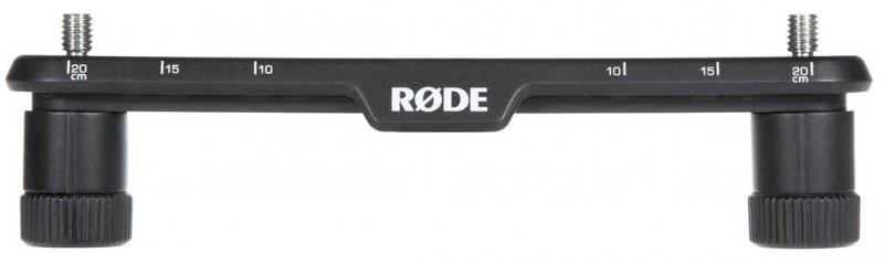 Black RODE stereo bar with adjustable ends and threaded screw mounts, marked in centimeters.