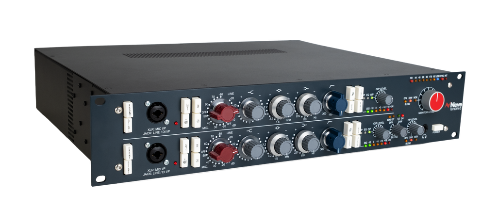 Two-channel audio rack unit with multiple knobs, buttons, combo input jacks, and LED indicators on the front panel.