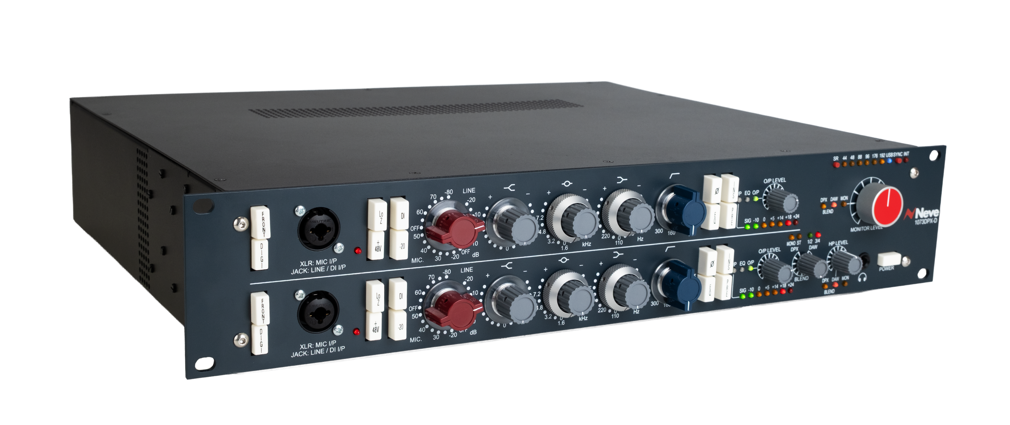 Two-channel audio rack unit with multiple knobs, buttons, combo input jacks, and LED indicators on the front panel.
