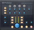 Top view of a PreSonus Monitor Station V2 audio monitor controller with knobs, buttons, meters, and 1/4 inch jacks.
