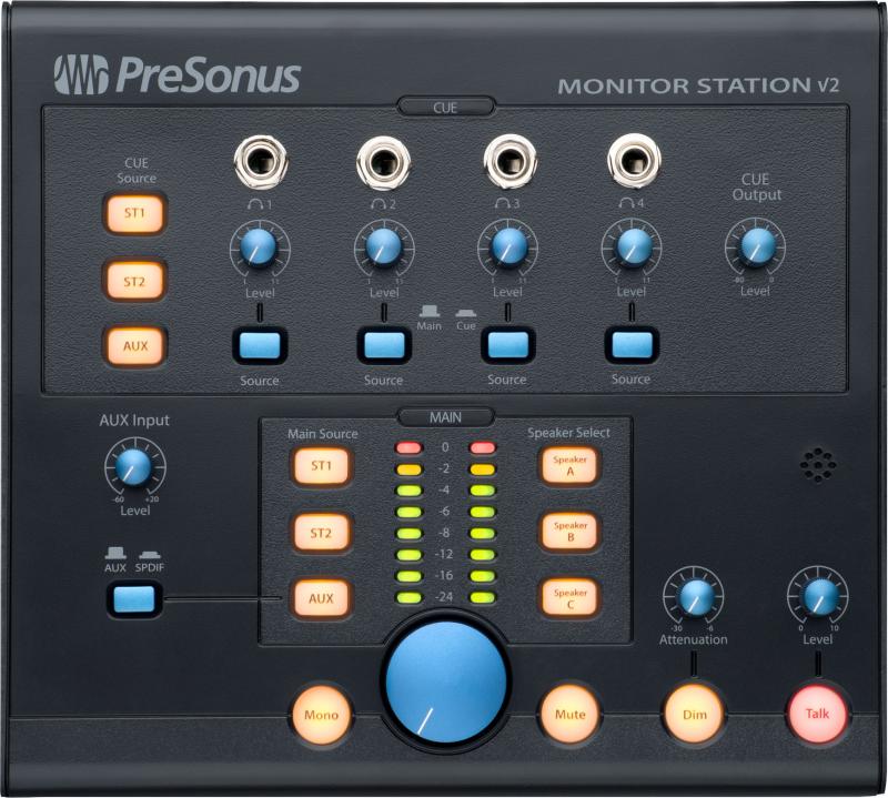 Top view of a PreSonus Monitor Station V2 audio monitor controller with knobs, buttons, meters, and 1/4 inch jacks.