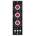 Front panel of an E27 audio module with three red knobs labeled with frequency and gain markings and three white buttons.