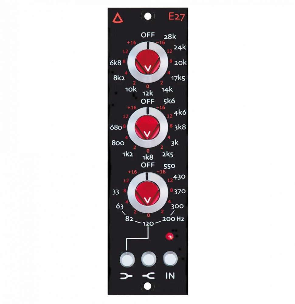 Front panel of an E27 audio module with three red knobs labeled with frequency and gain markings and three white buttons.