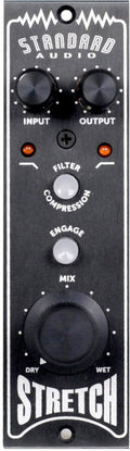 Black audio processor panel with knobs labeled Input, Output, Mix, and buttons labeled Filter Compression and Engage.