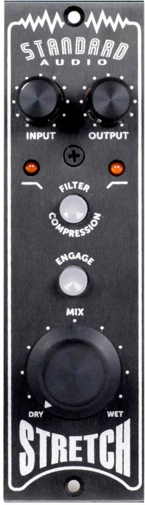 Black audio processor panel with knobs labeled Input, Output, Mix, and buttons labeled Filter Compression and Engage.