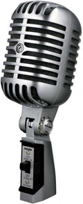 Silver and black vintage-style microphone with grille and side switch labeled SHURE 55SH Series II.