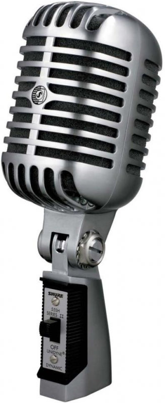 Silver and black vintage-style microphone with grille and side switch labeled SHURE 55SH Series II.