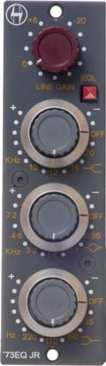 Front panel of a black audio processor module with knobs for Line Gain and frequency control and a red push button.