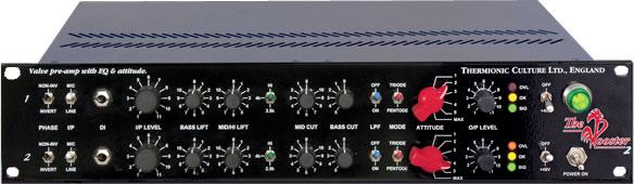 Front view of a black audio pre-amplifier rack unit with multiple knobs and switches labeled The Rooster 2