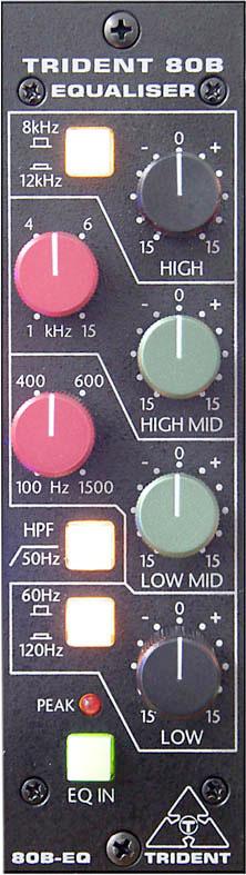 Close-up of Trident 80B equalizer panel with multiple frequency control knobs and toggle switches.