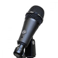 Black dynamic microphone with metal mesh grill mounted on a black microphone clip.