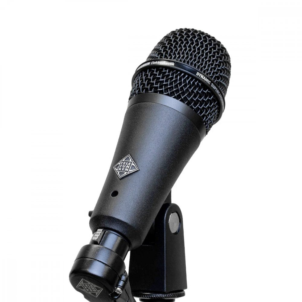 Black dynamic microphone with metal mesh grill mounted on a black microphone clip.