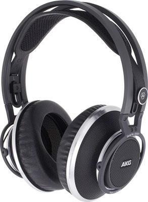 Over-ear black and silver AKG headphones with padded ear cups and adjustable headband.