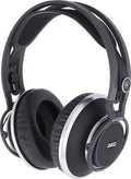 Over-ear black and silver AKG headphones with padded ear cups and adjustable headband.