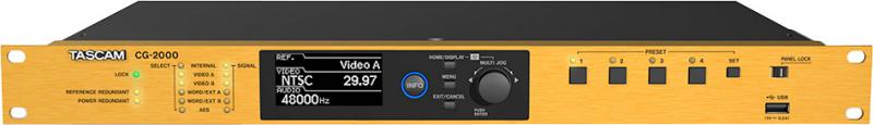 Front view of TASCAM CG-2000 with display, control buttons, rotary knob, and USB port on orange metal panel.