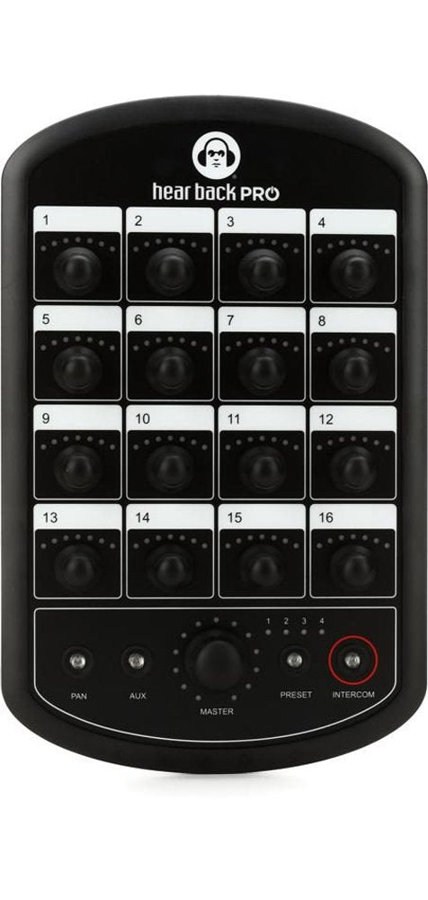 Black control panel with 16 labeled rotary knobs and additional knobs and buttons for pan, aux, master, preset, and intercom.