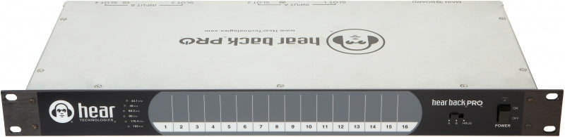 Front panel of a Hear Back PRO hub mainframe with a power switch and numbered channel indicators.