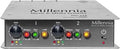 Gray audio device Millennia HV-32P with two gain knobs and multiple indicator lights on front panel.