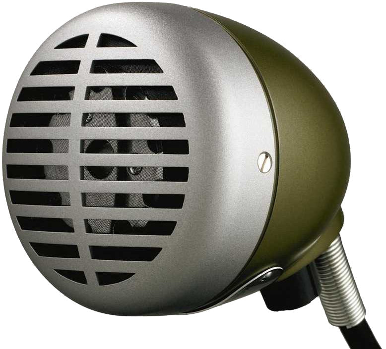 Round microphone with a silver grille and green metal casing connected to a cable with a coil protector.