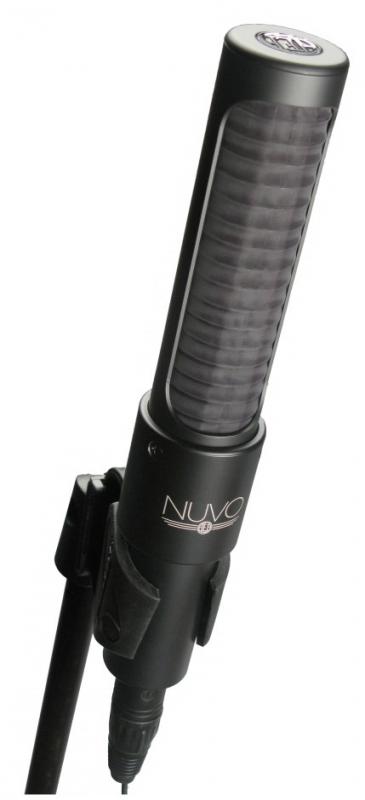 Black cylindrical microphone with NUVO logo mounted on a stand with an XLR connector at the bottom.