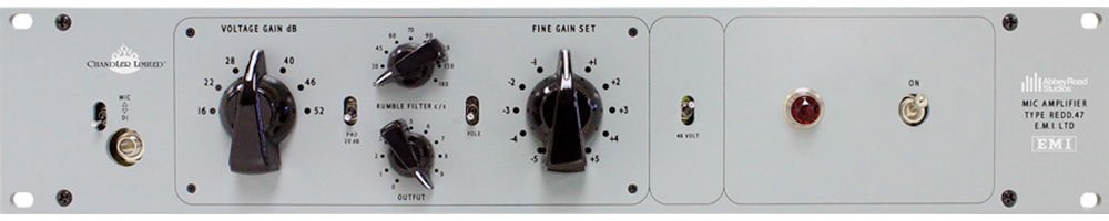 Front panel of a Chandler Limited device with knobs, switch, 1/4 inch jack, and various labels including REDD.47 and Abbey Road Studios.