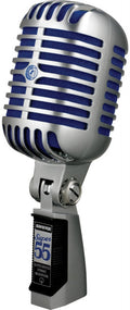 Silver and blue retro-style microphone with black label and rotary adjustment knob on the mount.