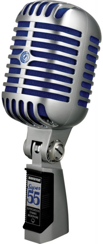 Silver and blue retro-style microphone with black label and rotary adjustment knob on the mount.