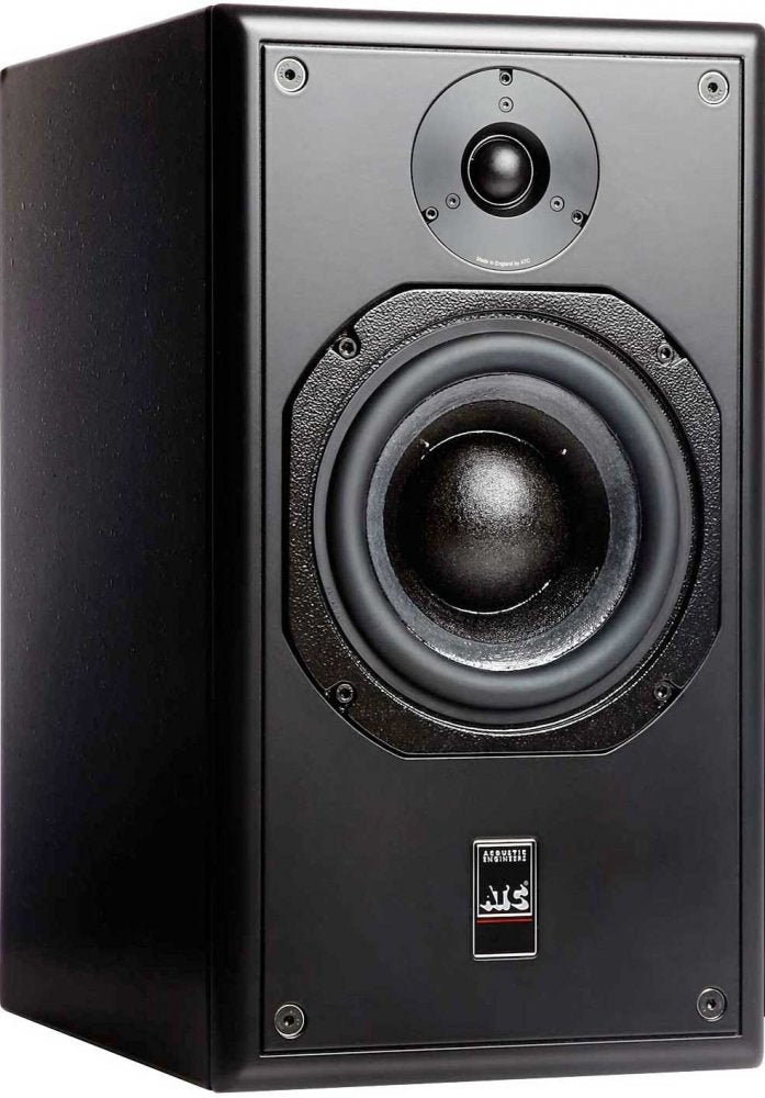 Black studio monitor speaker with one tweeter and one woofer, showing ATC branding on front.