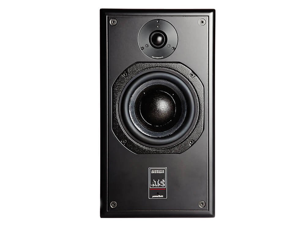 Front view of a black studio monitor speaker with a large woofer, tweeter, and a logo plate below.