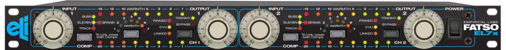 Front panel of a black audio processor unit with multiple knobs, buttons, and indicator lights labeled for two input channels and power.